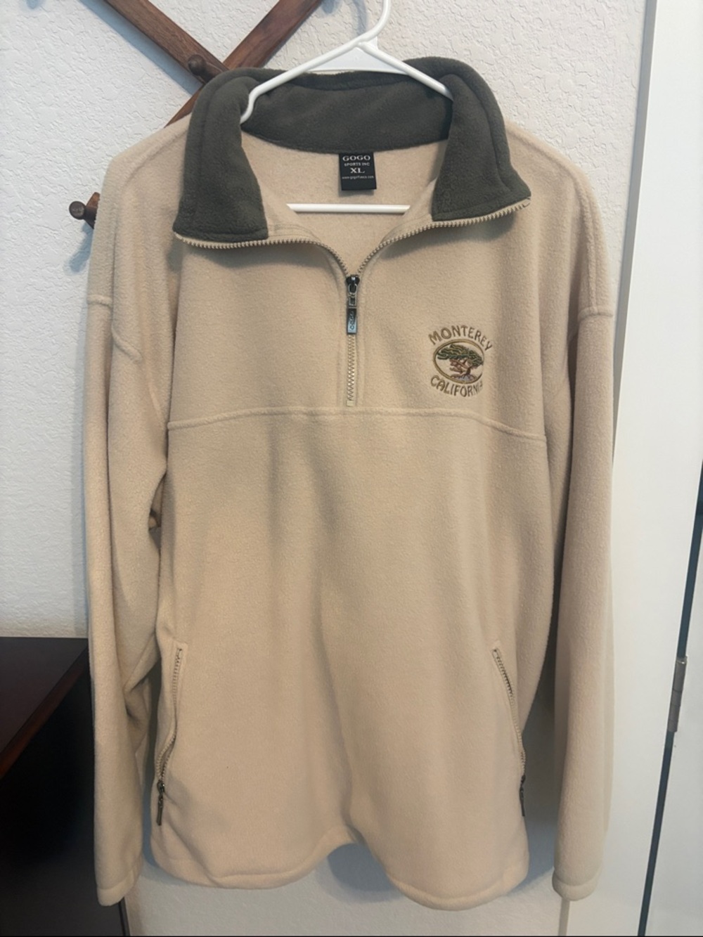 Monterey California Embroidered Half-Zip Fleece Pullover - Tan with Olive Trim